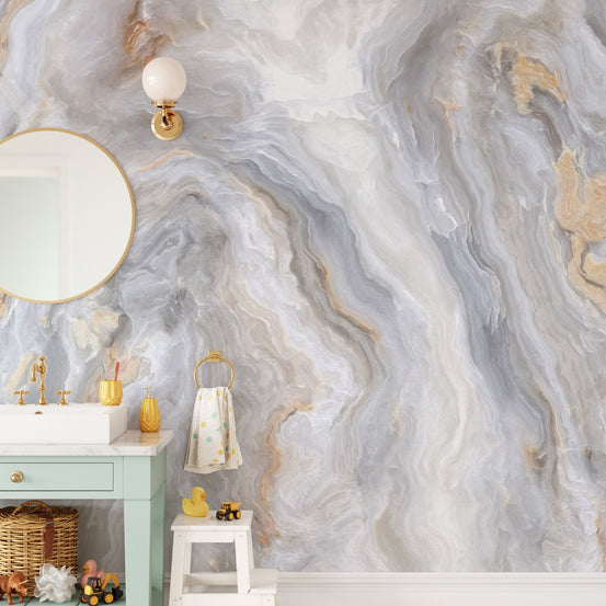 Gray Swirls of Elegance wall mural in a modern bathroom with mint vanity and gold accents.