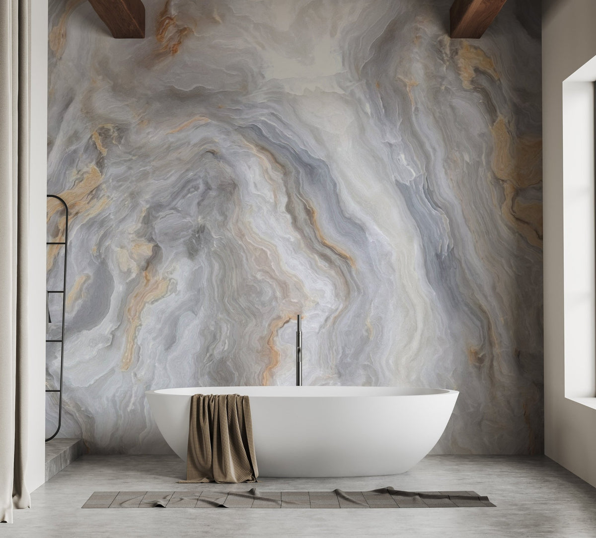 Symmetric bathroom layout with a freestanding tub against a grey marble wall mural.