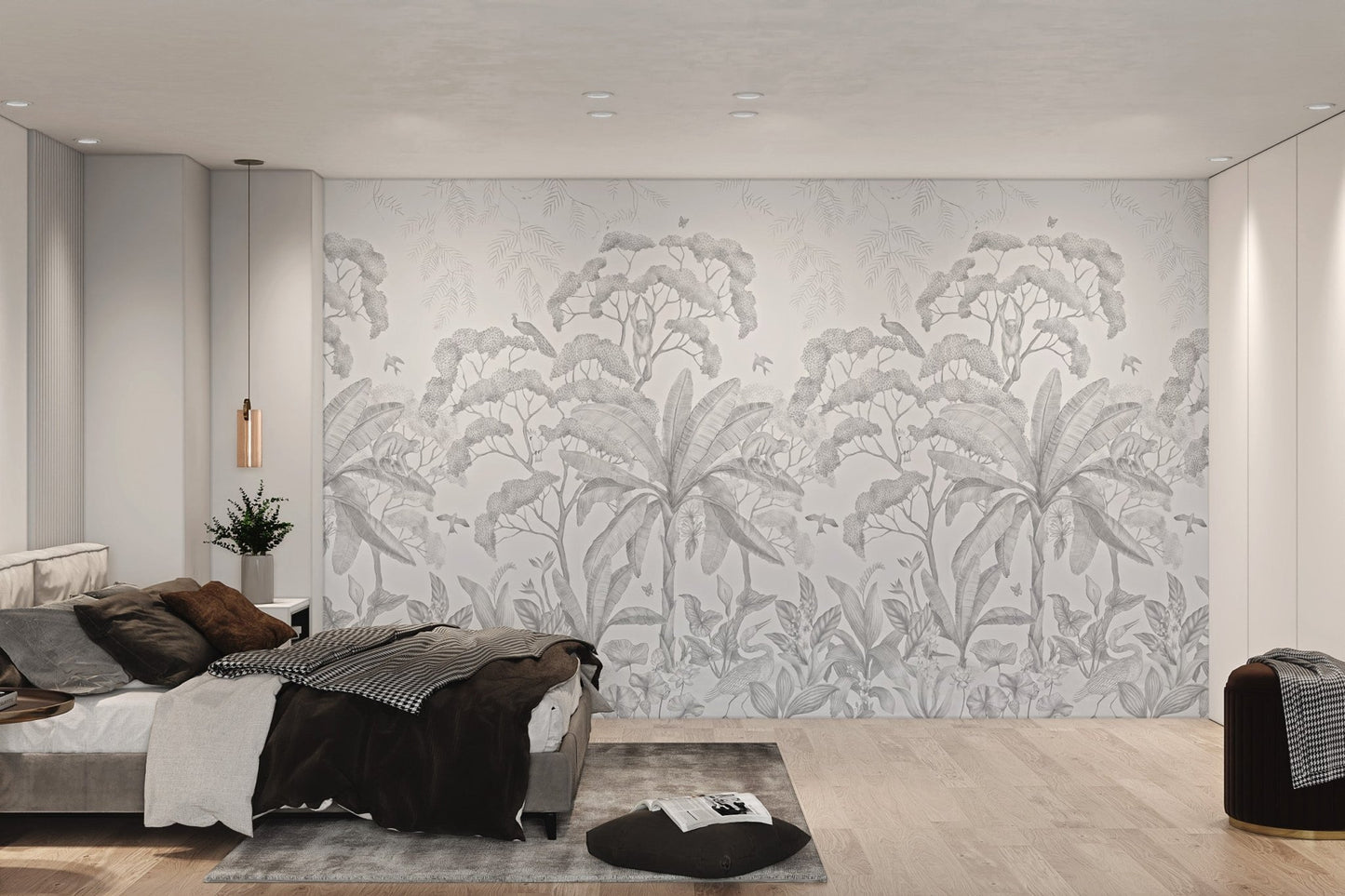 Vintage style botanical wall mural in light grey for large bedroom.
