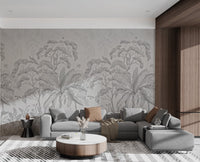 Monochrome jungle wall mural with tropical birds and monkeys