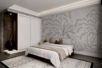 Detailed palm tree and monkey wall mural for guest room in charcoal grey