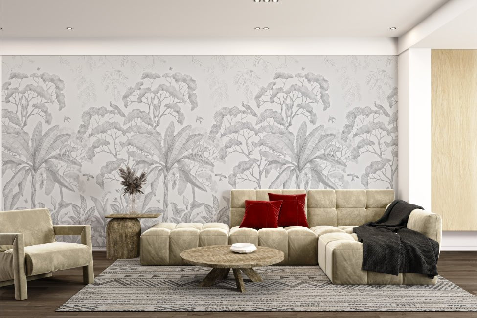 Tropical forest wall mural with heron and bird sketches for hallway.