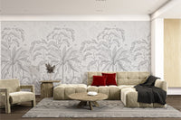 Tropical forest wall mural with heron and bird sketches for hallway.