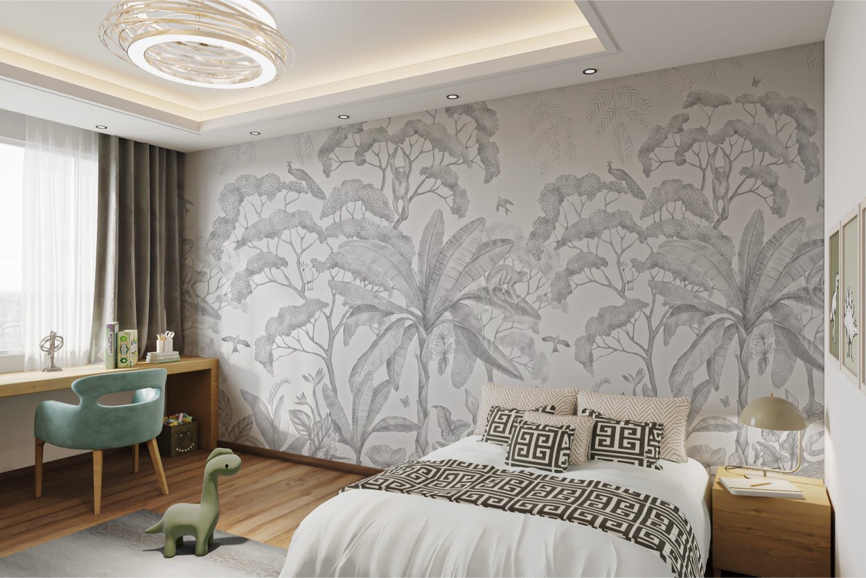 Sketch style forest wall mural with wildlife graphics for kids bedroom.