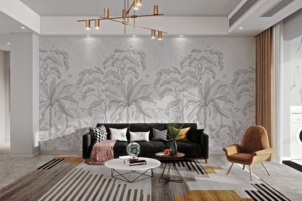 Grey etched forest wall mural with palm trees and wildlife for living room.