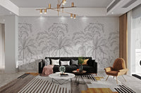 Grey etched forest wall mural with palm trees and wildlife for living room.