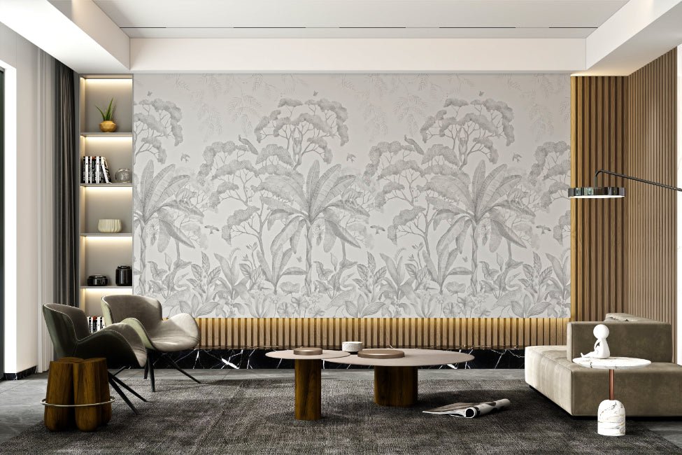 Jungle theme wall mural in grayscale for office corridors.