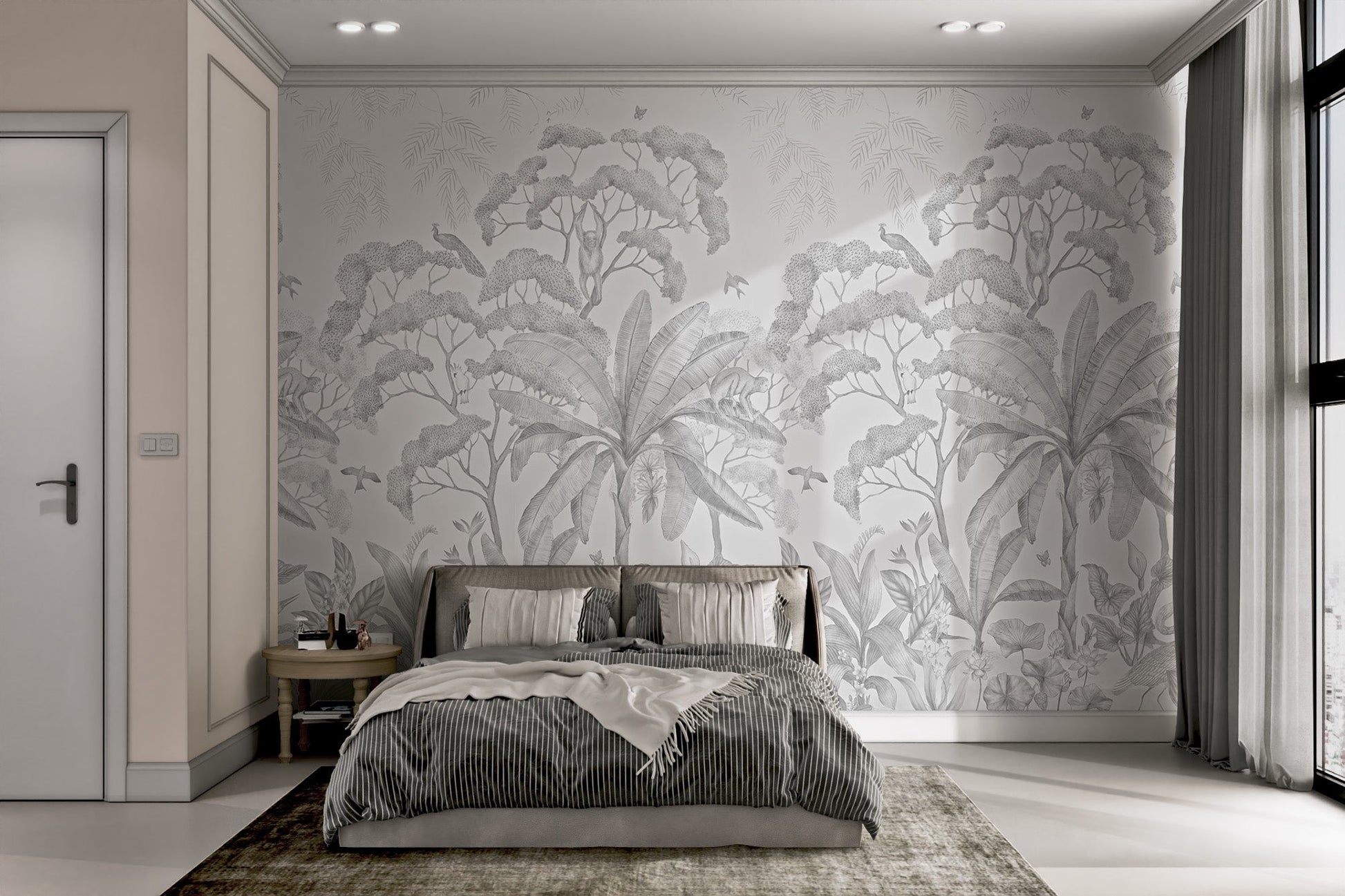 Tropical flora and fauna wall mural for minimalist bedroom in grayscale