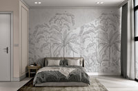 Tropical flora and fauna wall mural for minimalist bedroom in grayscale