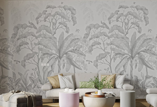 Grayscale Tropical Forest Wall Mural for living room walls with monkey motifs