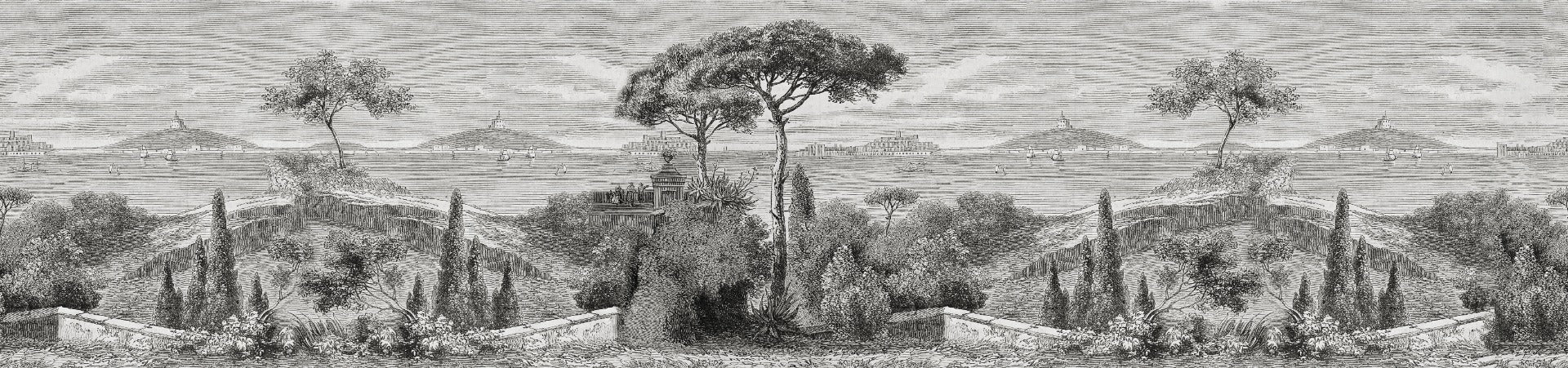 Grayscale Vintage Forest Wall mural featuring hand-drawn landscape sketches.