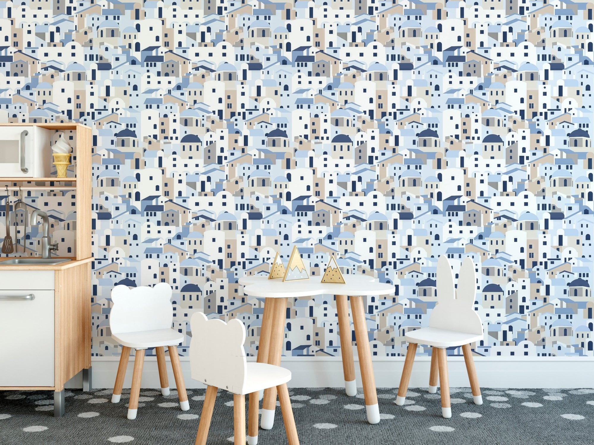 Greek island houses wall mural with blue and white coastal buildings.