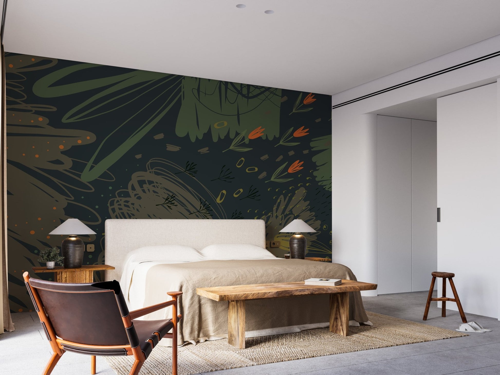 Modern bedroom featuring Green Abstract Creative Shapes Wall Mural.