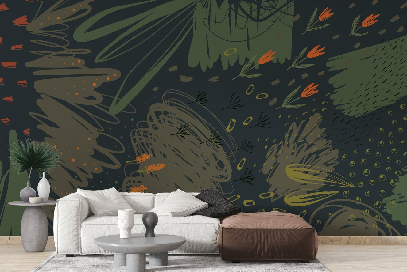 Abstract scribbles wall mural in a minimalist living room.