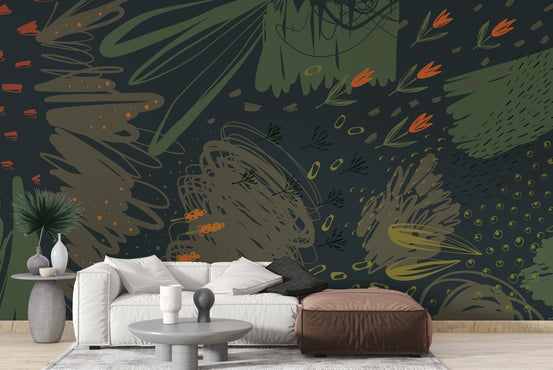 Abstract scribbles wall mural in a minimalist living room.