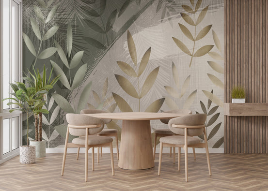 Dining room with Green and Beige Foliage Delight Murals and wooden furniture.