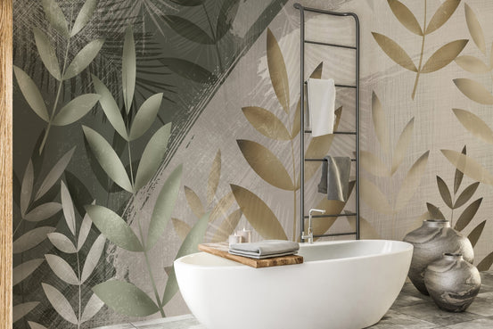 Luxury bathroom with beige foliage wallpaper mural and a freestanding white bathtub.