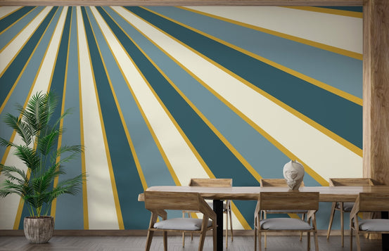 Striped line wall mural in green and cream for dining room area