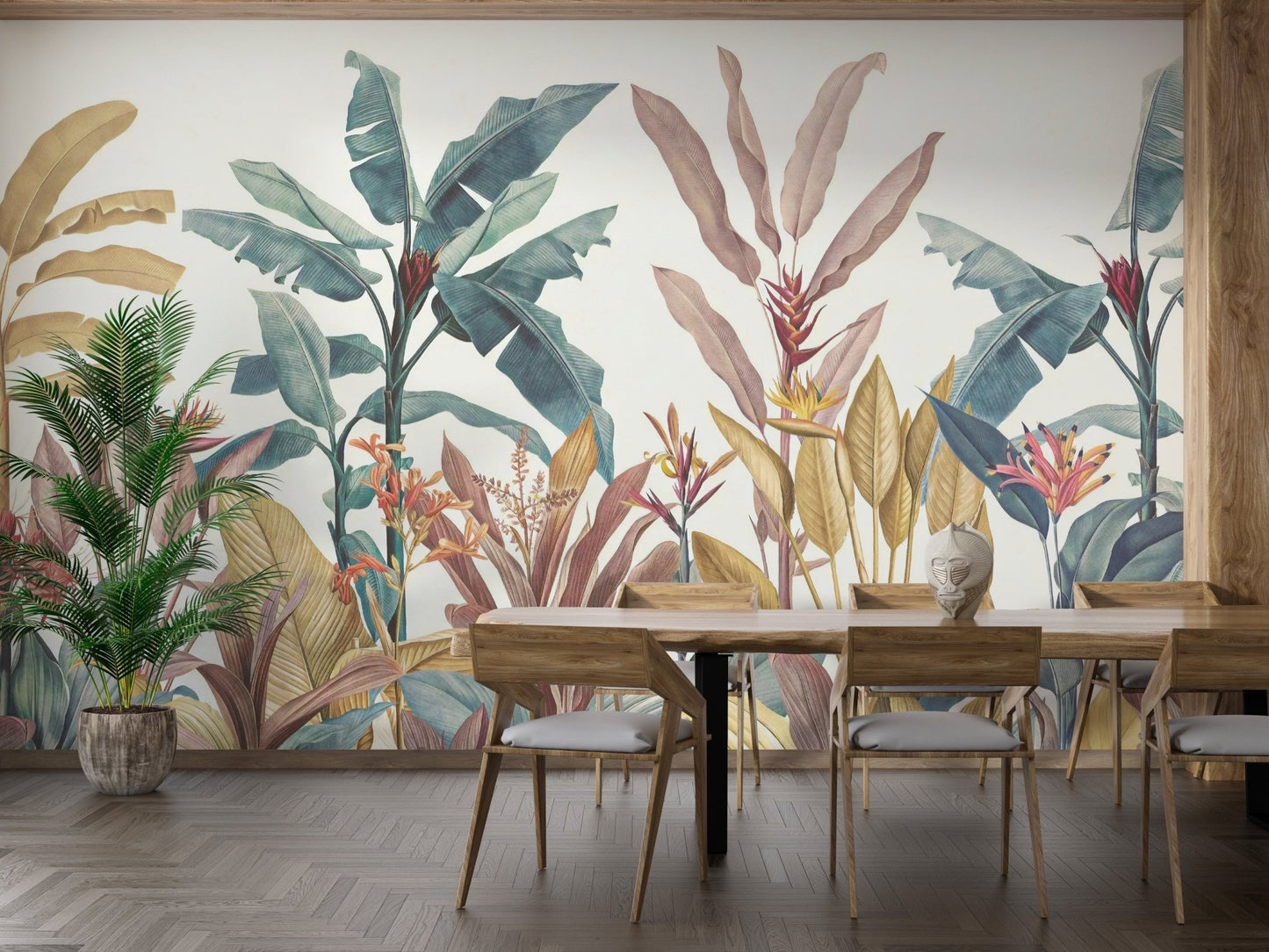 Dining space wall mural with tropical exotica patterns and wooden furniture.