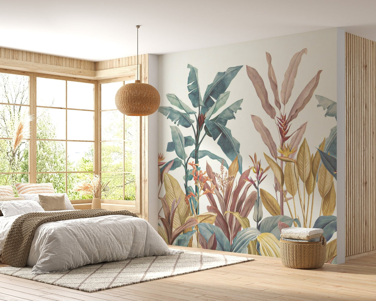Sunlit bedroom with natural wood accents and large green leaf print wall mural.