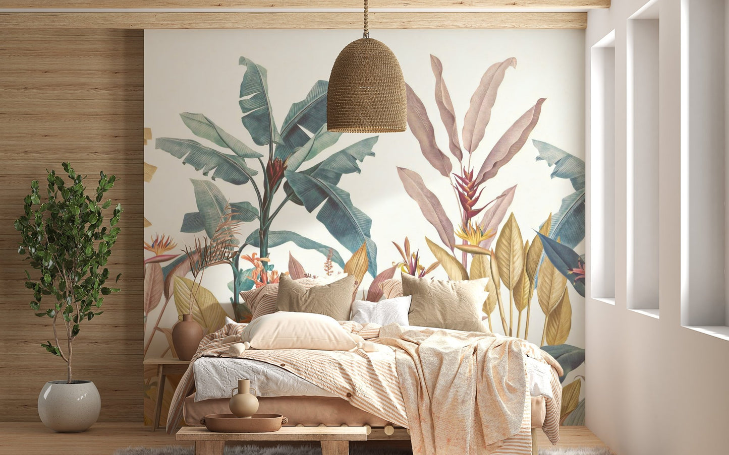 Bright bedroom interior featuring a tropical pink plant wall mural and a wooden bed frame.
