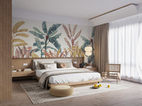 Spacious bedroom with Green and Pink Exotica Wall Mural behind a beige bed.