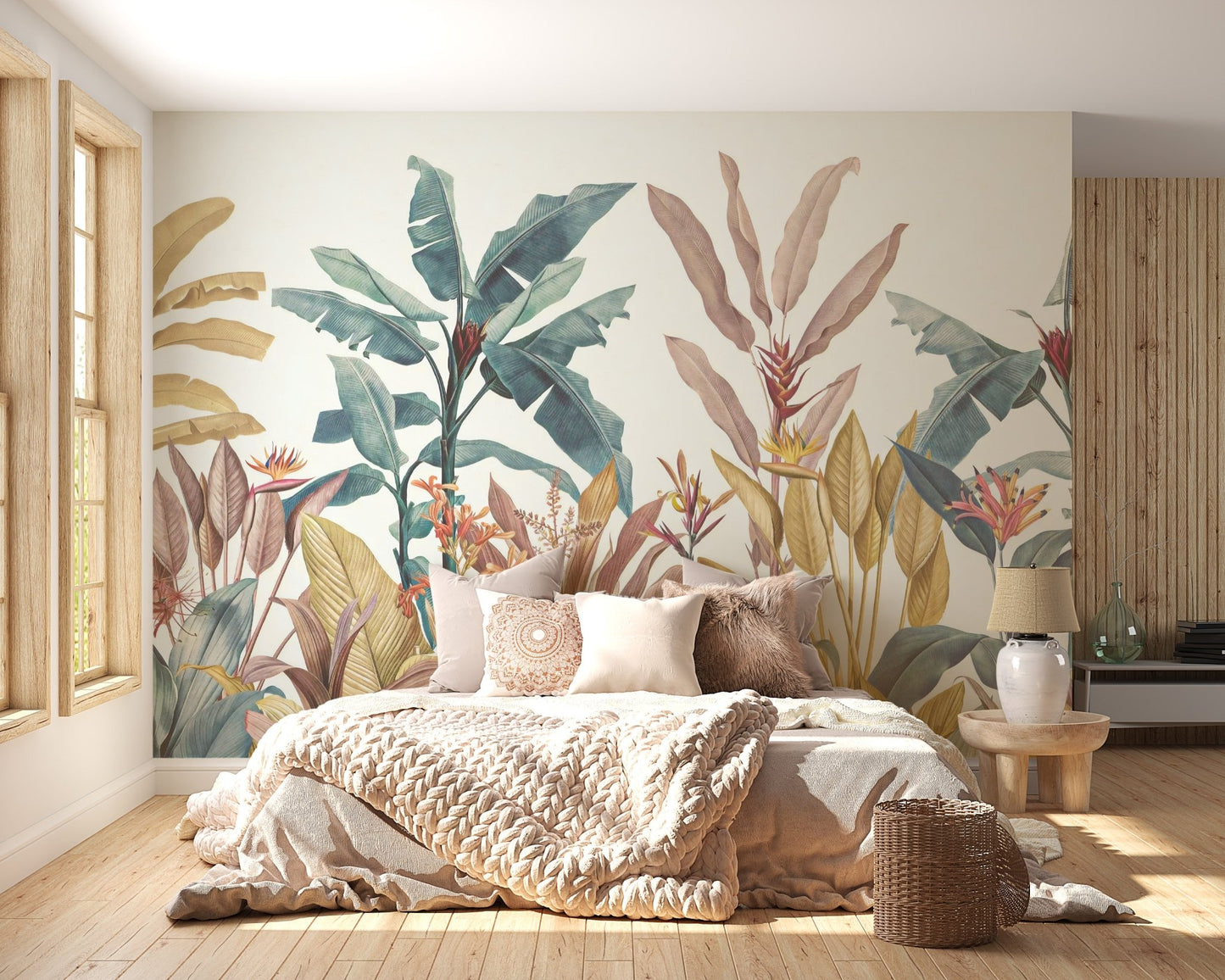 Earthy toned sleeping area with Green and Pink Exotica Wall Murals and soft linens.