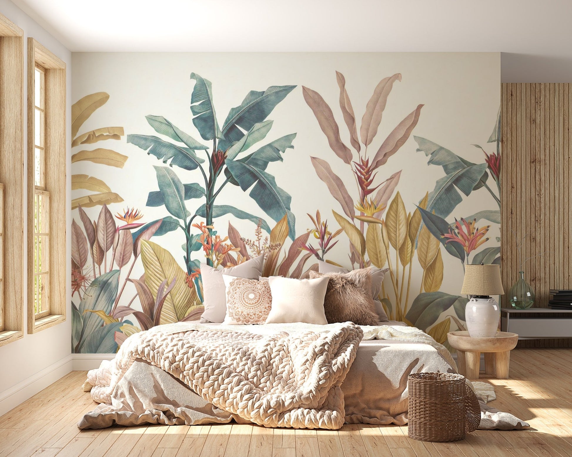 Earthy toned sleeping area with Green and Pink Exotica Wall Murals and soft linens.