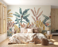 Earthy toned sleeping area with Green and Pink Exotica Wall Murals and soft linens.