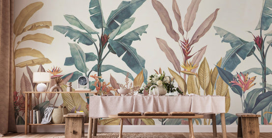 Green and Pink Exotica Wall Mural featuring large banana leaves on a dining wall.