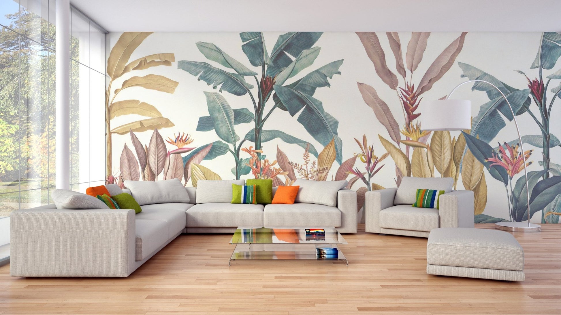 Modern living area featuring exotic leaf pattern wall mural and L-shaped seating.