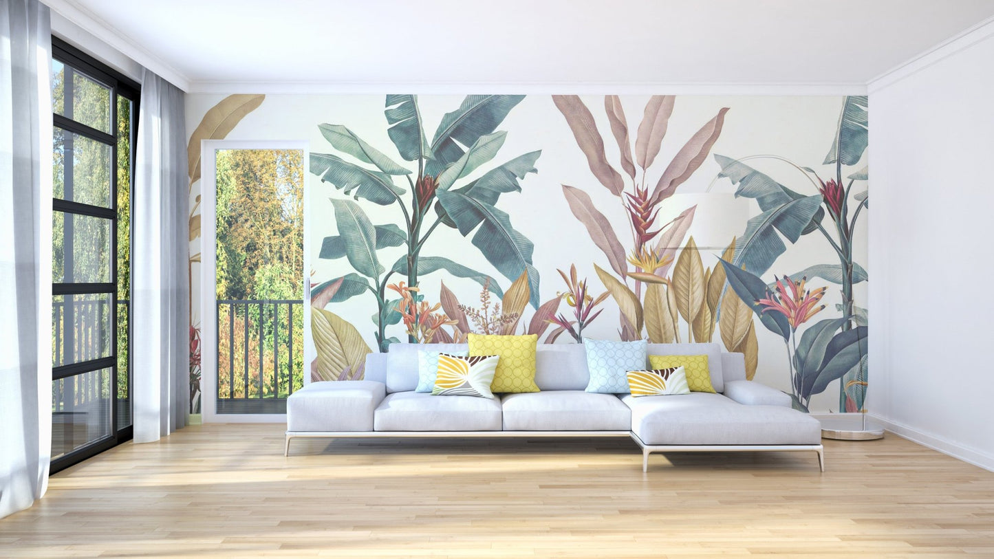 Tropical exotica wall mural in a minimalist living with a white sofa and wooden floors.