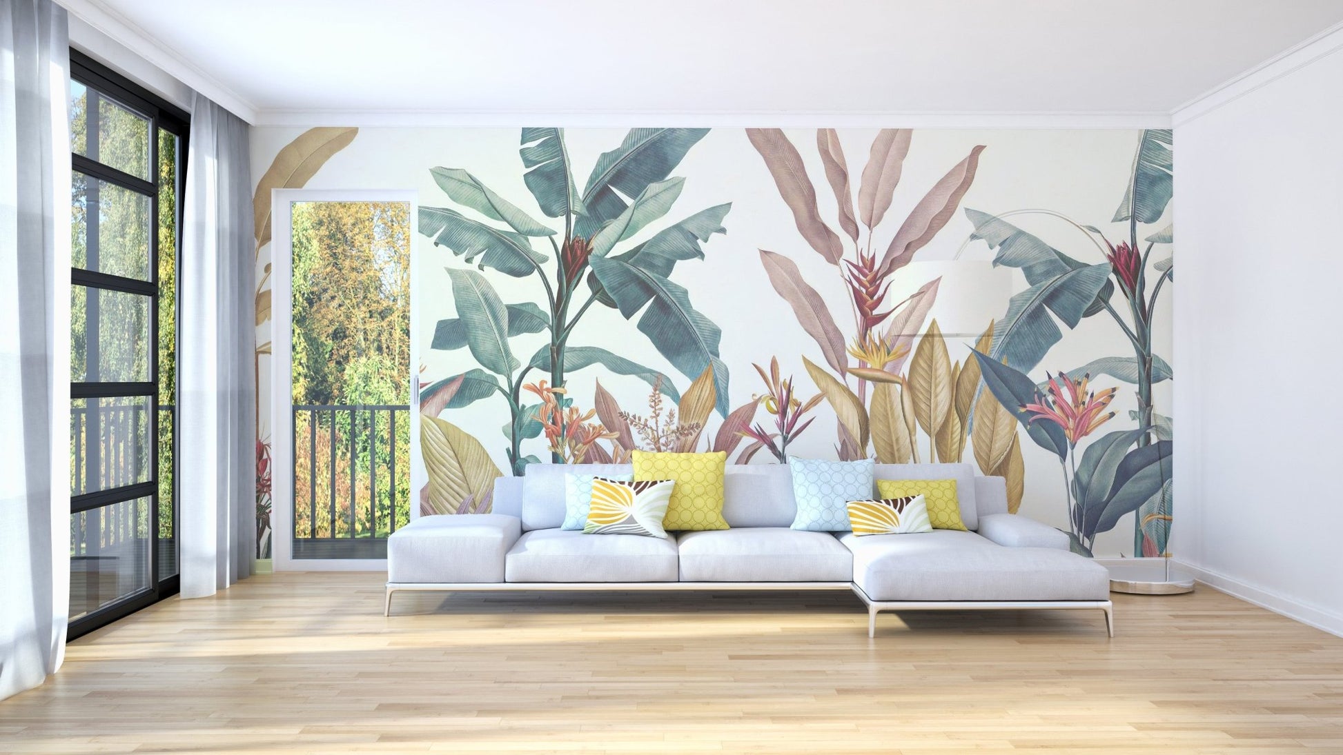 Tropical exotica wall mural in a minimalist living with a white sofa and wooden floors.