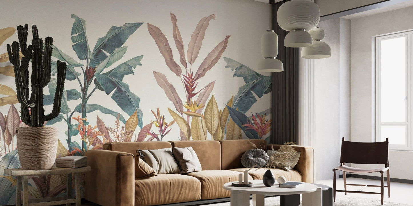 Bohemian style sitting room with large green palm leaf wall mural and tan leather sofa.