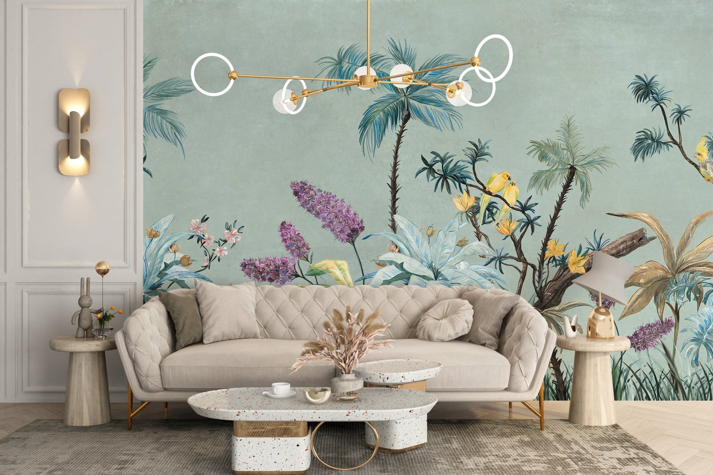 Formal living area featuring tropical boho palm wall mural and beige sofa.