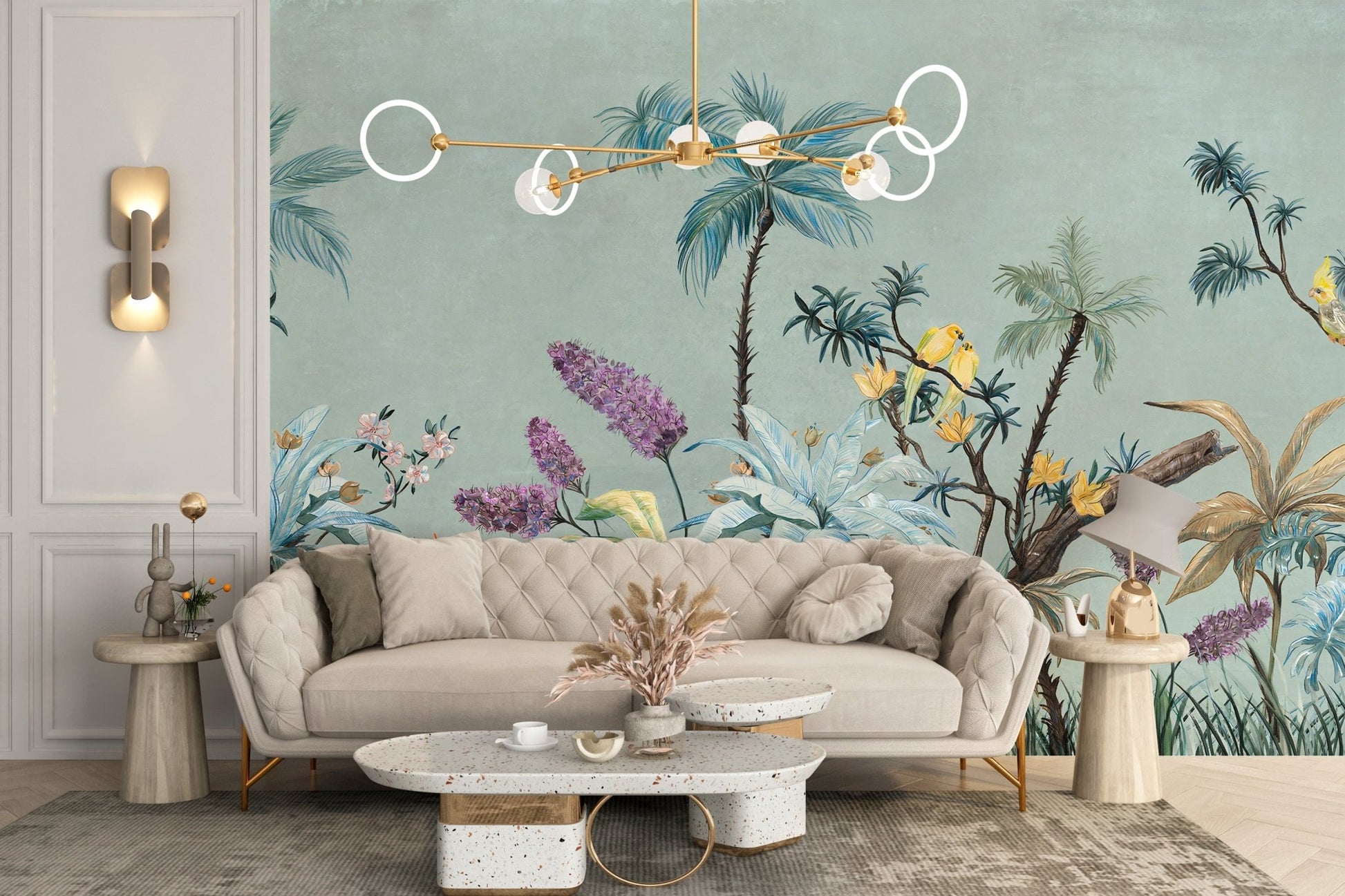 Formal living area featuring tropical boho palm wall mural and beige sofa.