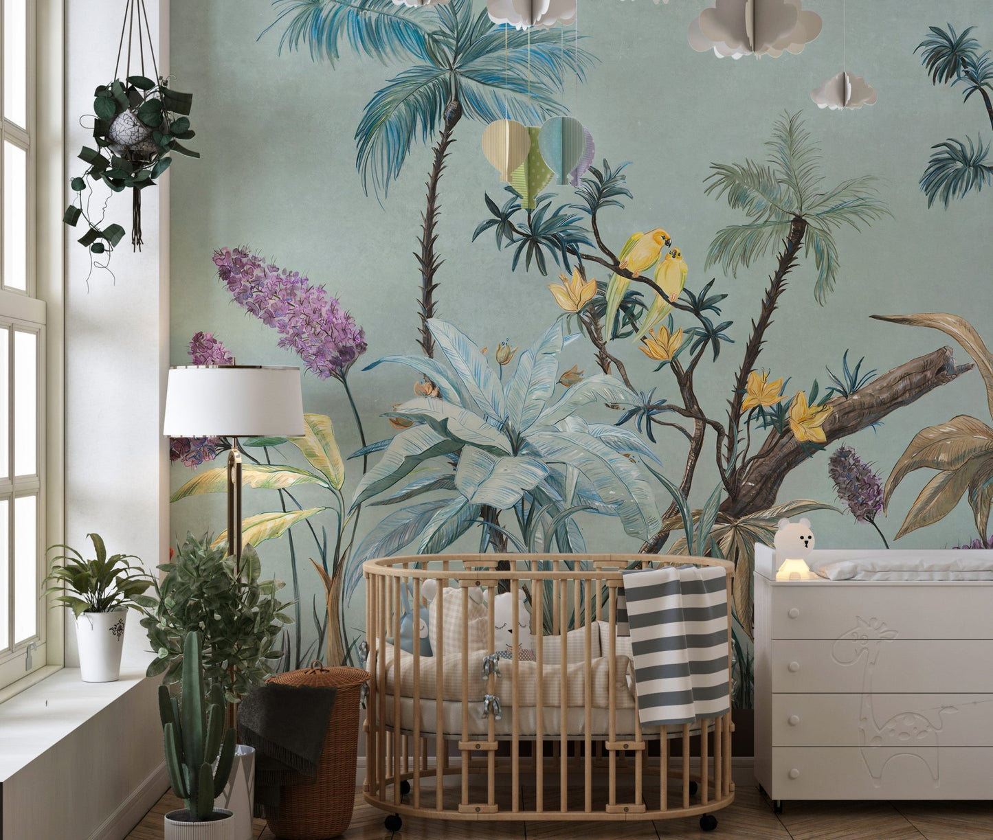 Nursery with Green background Boho Flowers Wall Mural behind a crib.