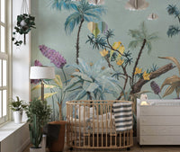Nursery with Green background Boho Flowers Wall Mural behind a crib.