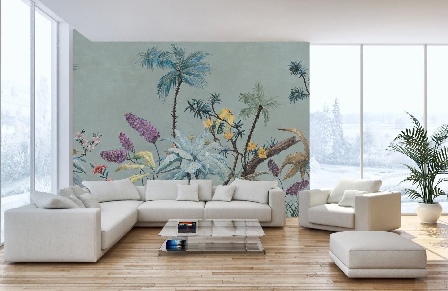 Large living space featuring sage green tropical wall mural and white sofa.