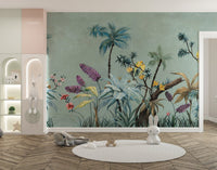 Playroom with Green background Boho Flowers Wall Mural and round white rug.