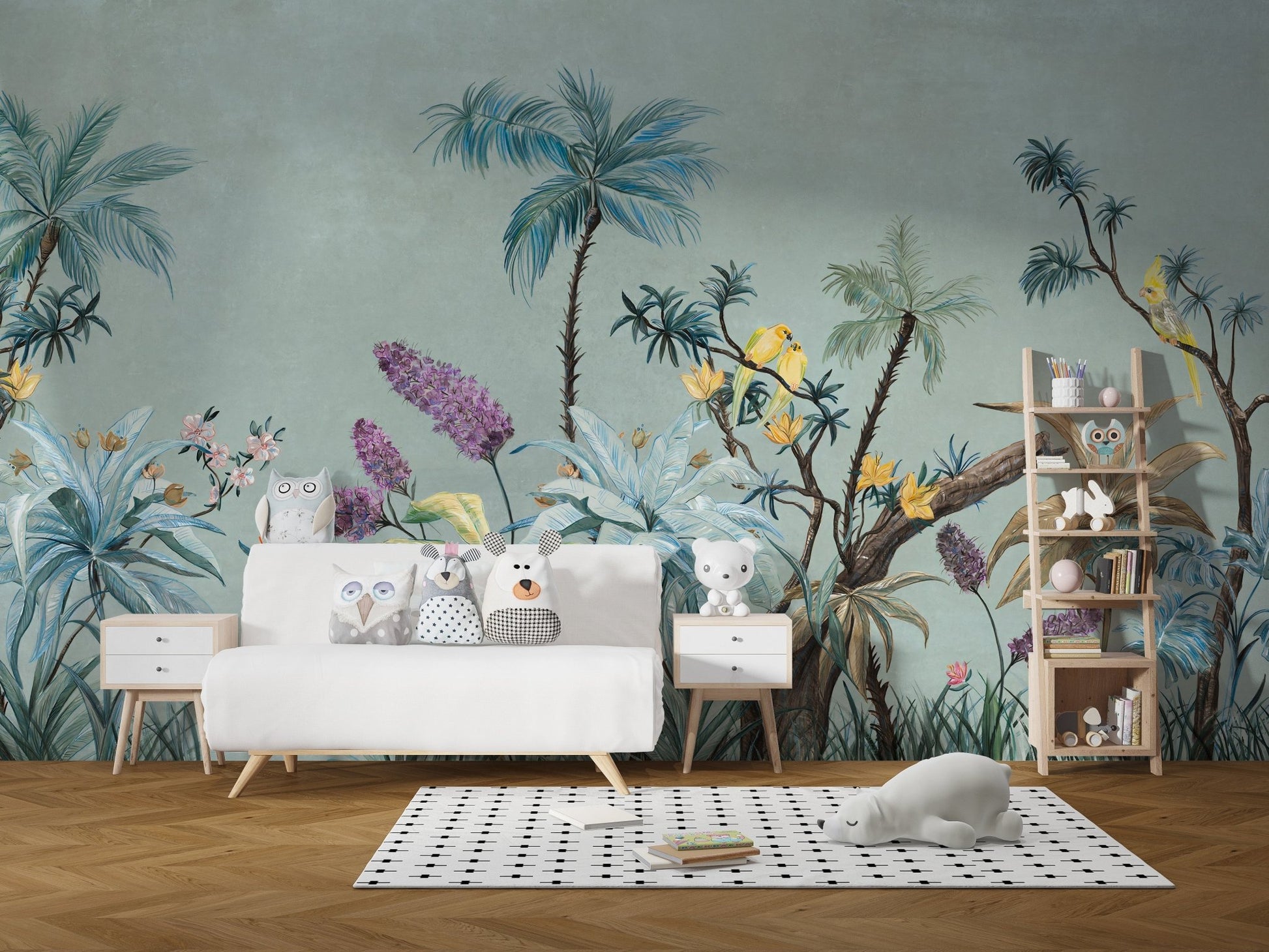 Artistic green floral wall mural in modern nursery with white storage.