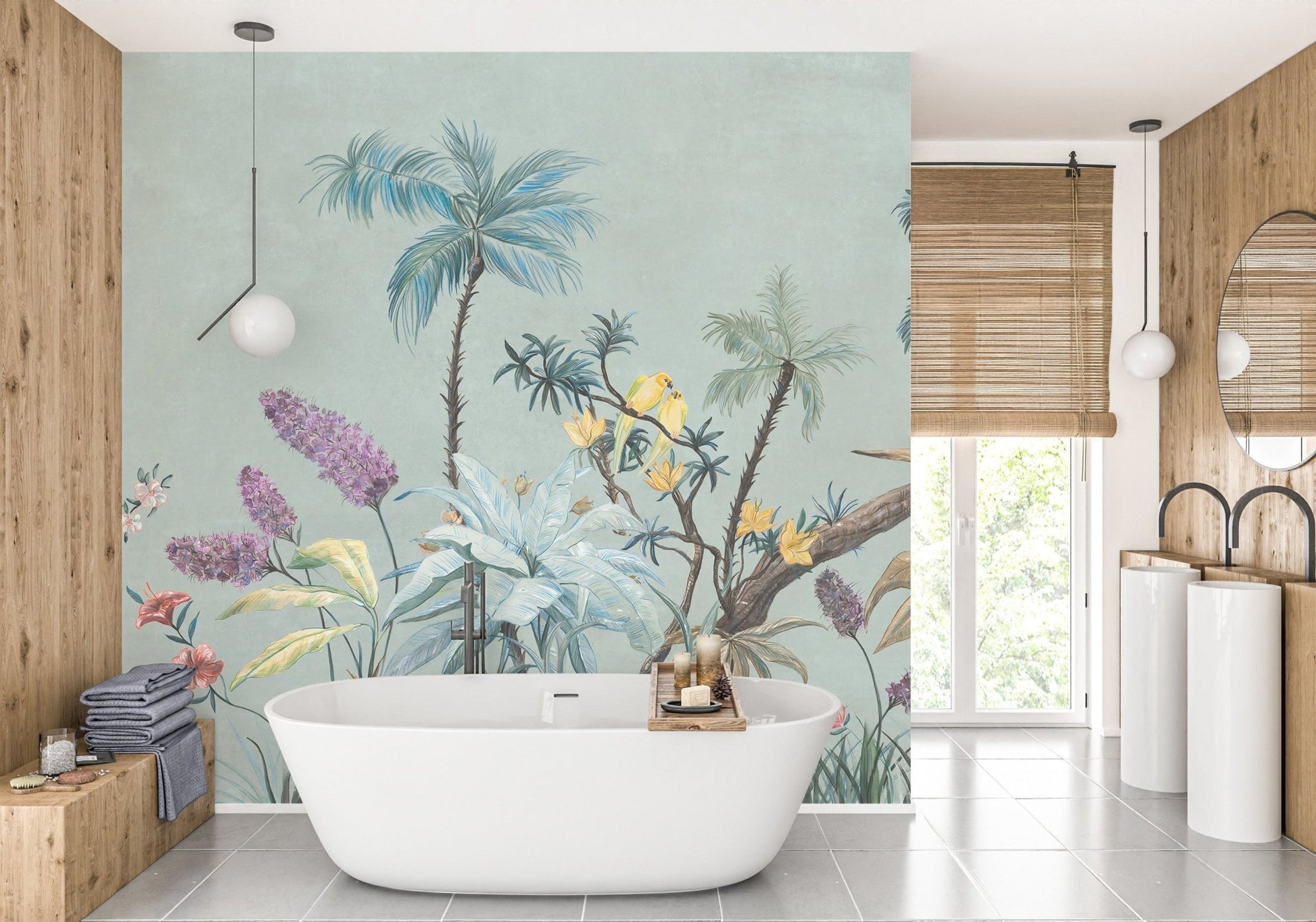Modern bathroom with Green background Boho Flowers Wall Mural.