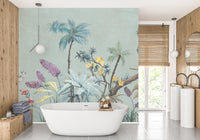 Modern bathroom with Green background Boho Flowers Wall Mural.