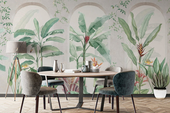 Neutral toned tropical mural wallpaper with pops of orange and maroon floral accents.