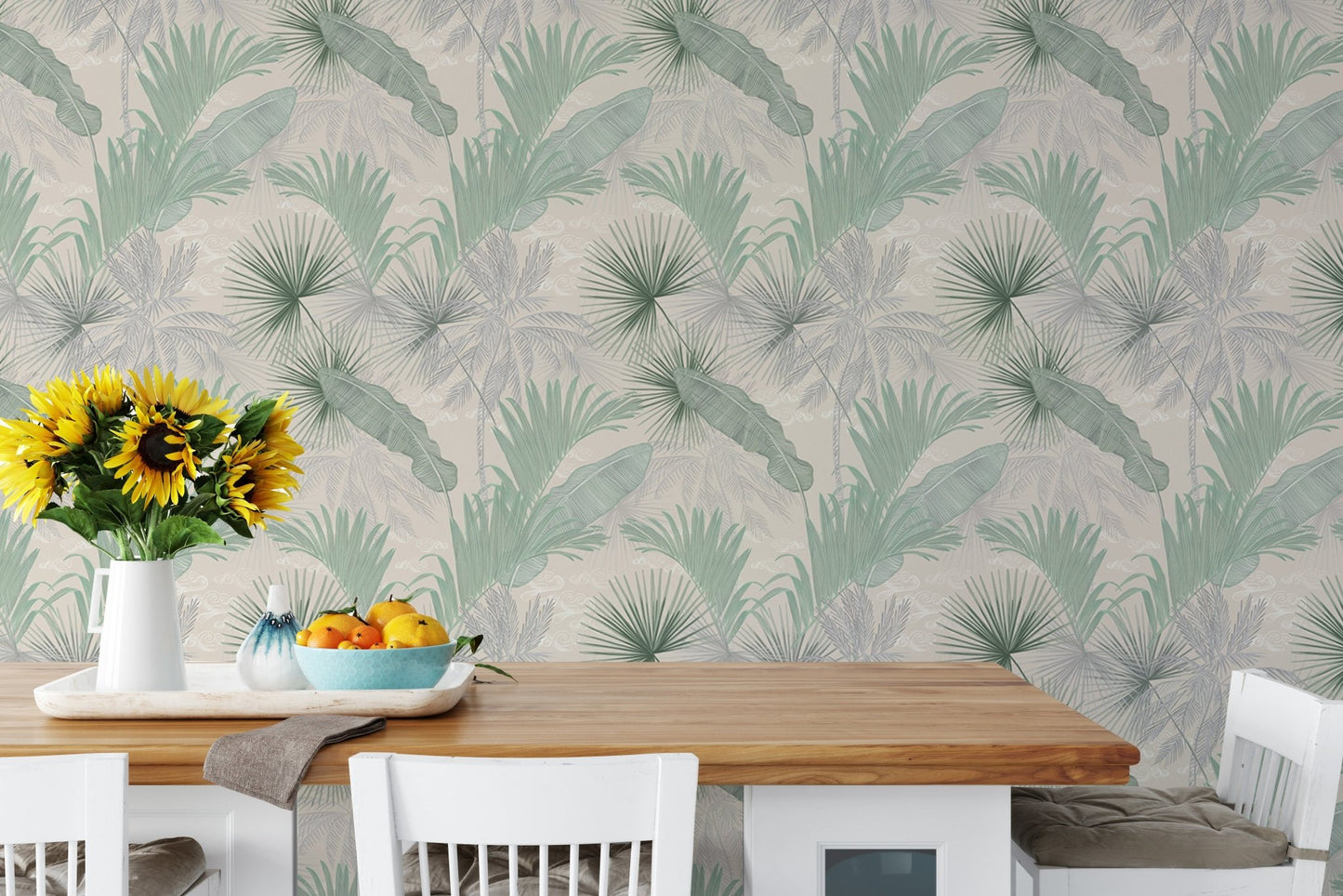 Green Banana Leaves Seamless Pattern Wallpaper in a dining area with a wooden table.