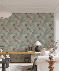 Green Banana Leaves Seamless Pattern Wallpaper in a living room with a white sofa.
