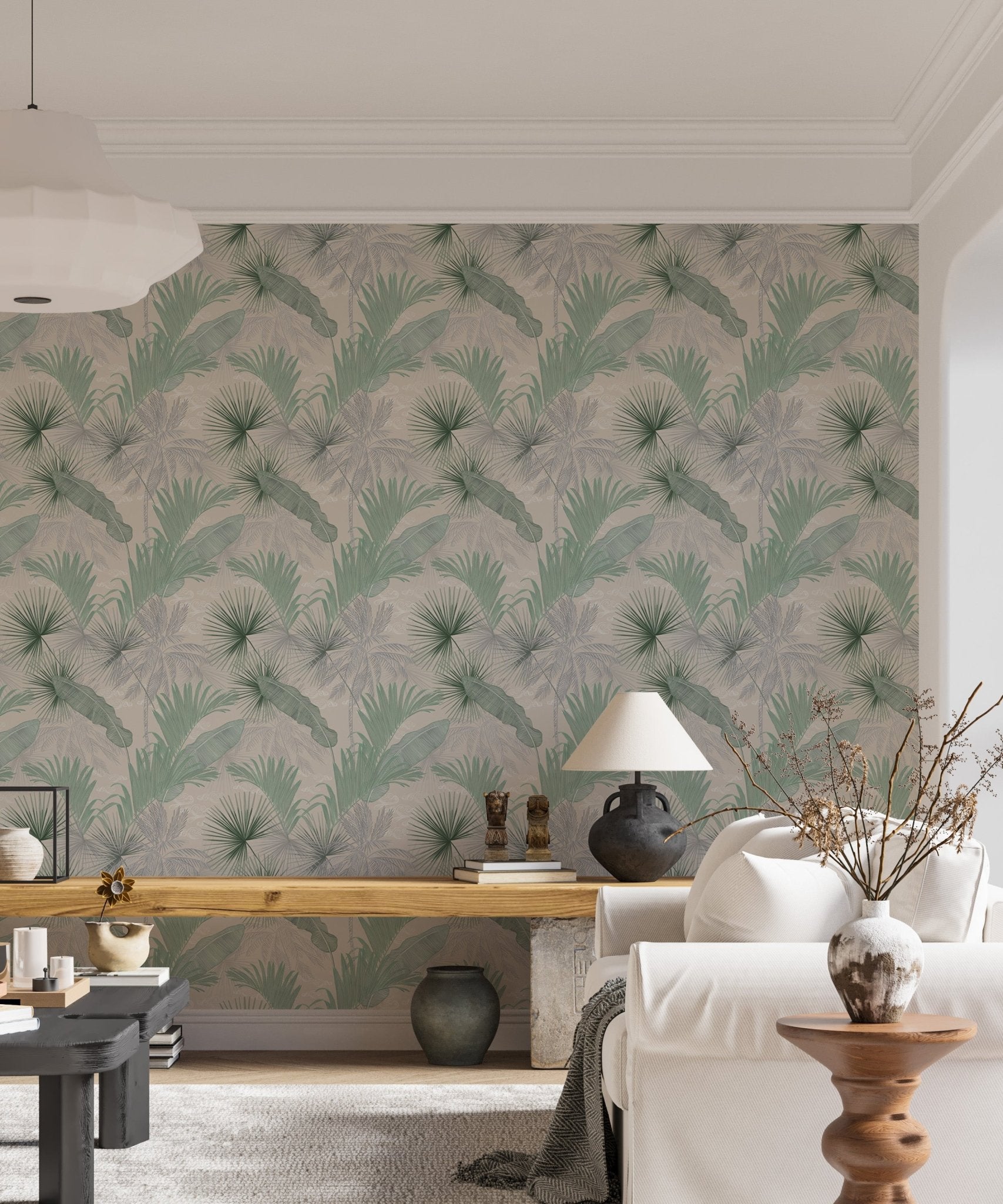 Green Banana Leaves Seamless Pattern Wallpaper in a living room with a white sofa.