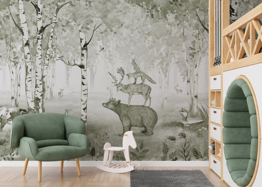 Sage green animal motif wallpaper for a soft nature-inspired theme.