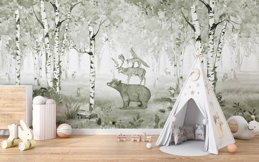 Green bear king wallpaper featuring forest animals in a sage green landscape.