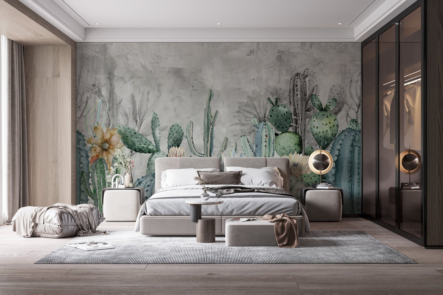 Green Cactus in Desert Wall Mural in grey bedroom.